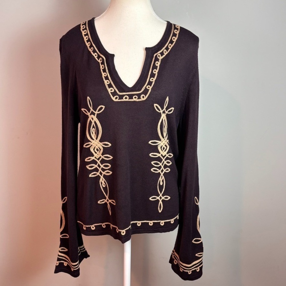 VTG Max Studio Womens Brown Y2K Flared Sleeve Embroidered Blouse sz Large boho